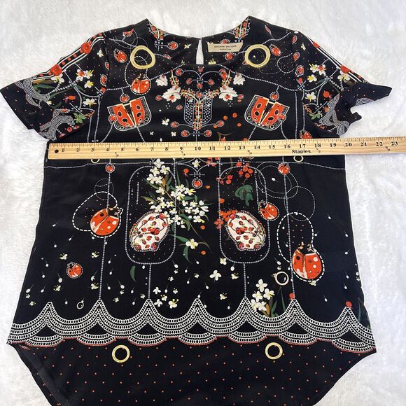 Piccione Piccione Black Floral Short Sleeve 100% Silk Blouse Top Sz 8/44 Italy - Picture 10 of 11